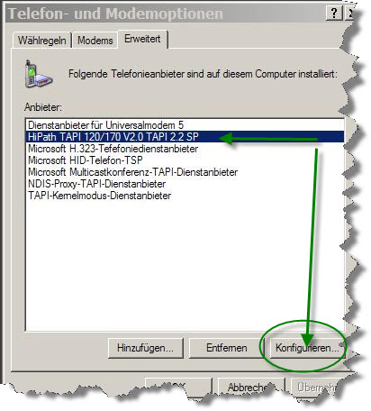 HiPath TAPI 120 170 Configure in the telephone and modem options.