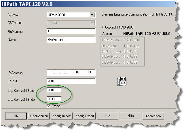 dagelijks Code 7801 tot 7830 ( met dertig lijnen op de primaire multiplex of slechts 7801 tot 7808 op de systeemverbinding met vier NTBA, zodat de TAPI-driver van Siemens HiPath deze lijnnummers niet langer aan de TAPI-interface levert voor anonieme oproepen.